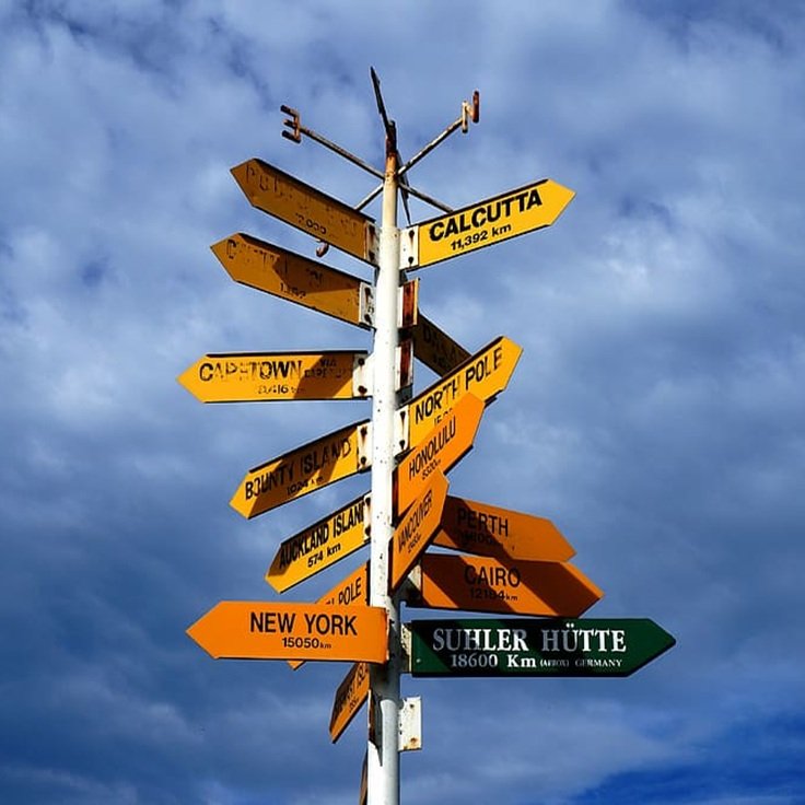 A signpost pointing toward cities around the world